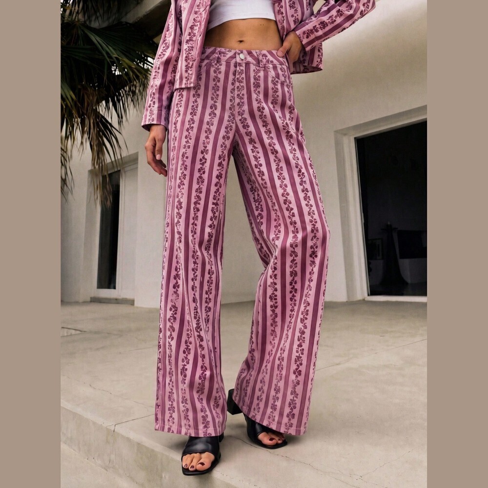 Pink Rosette Floral Stripe Relaxed Wide Leg Light Denim Pants